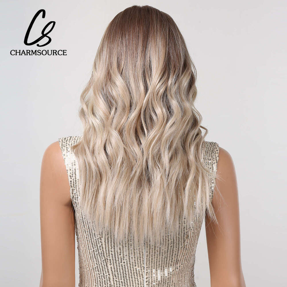 Charmsource Synthetic Wig Brown Ombre Blonde Lace Front Long Wavy With Dark Root Wigs For Women Daily Cosplay
