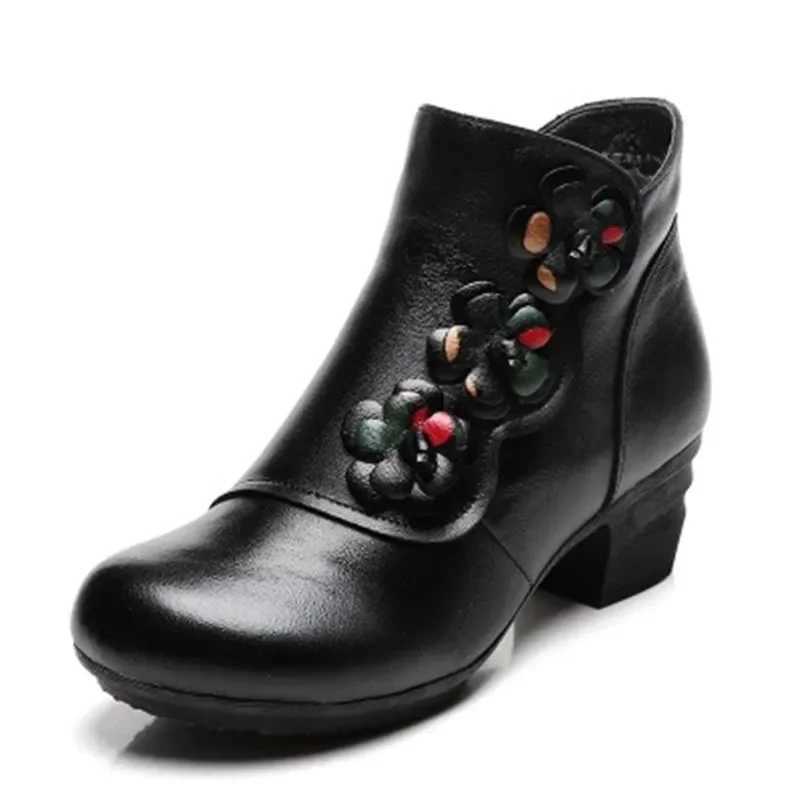 Yalni Autumn Winter Shoes Womens Cowboy Leather Flower Shoes Comfortable Med Heel Ankle Boots Leather Fashion Shoes Women CL240906
