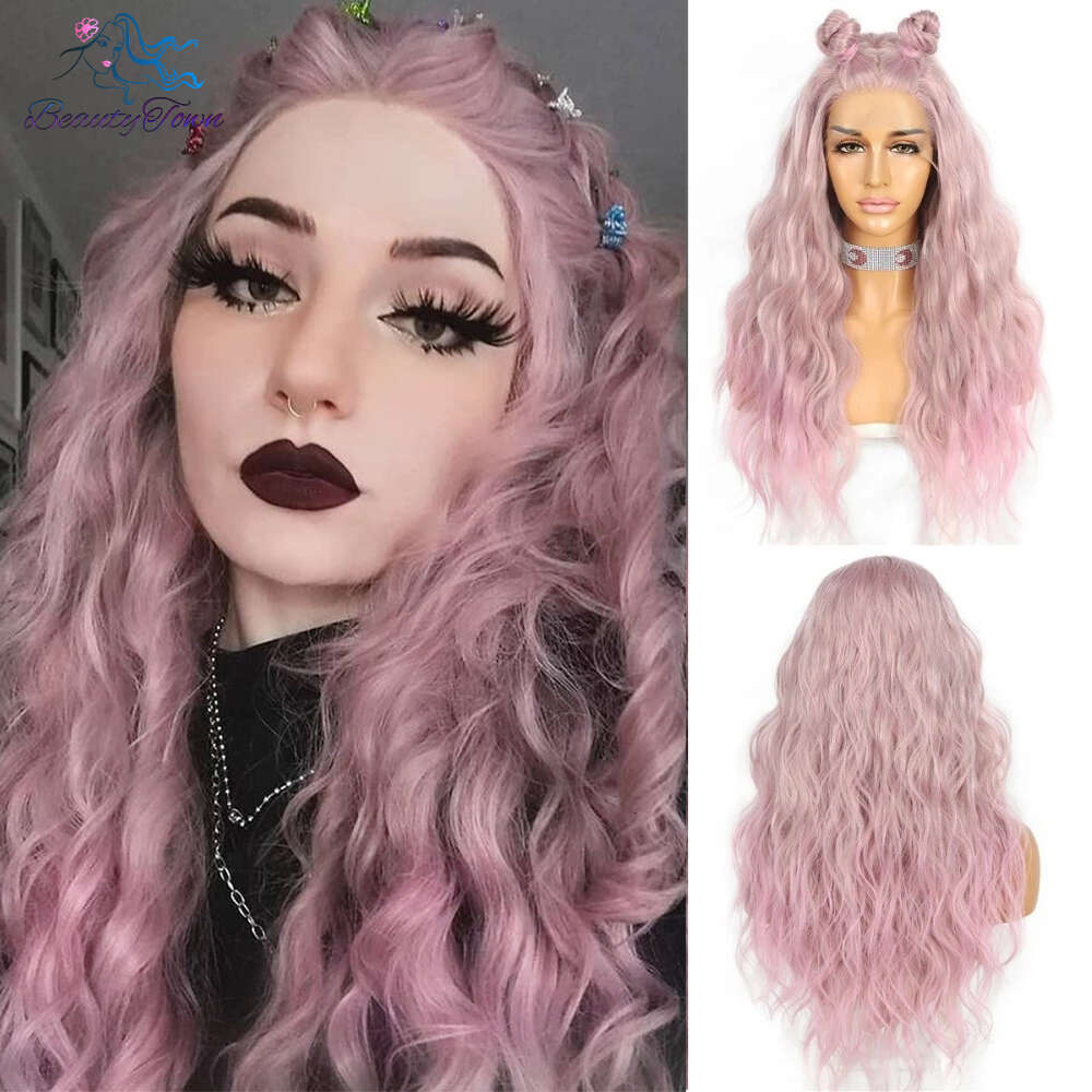 Synthetic Lace Front 613 Blonde Pink Blue Green Purple Yellow Long Curly Halloween For Women Daily Use Party Wig