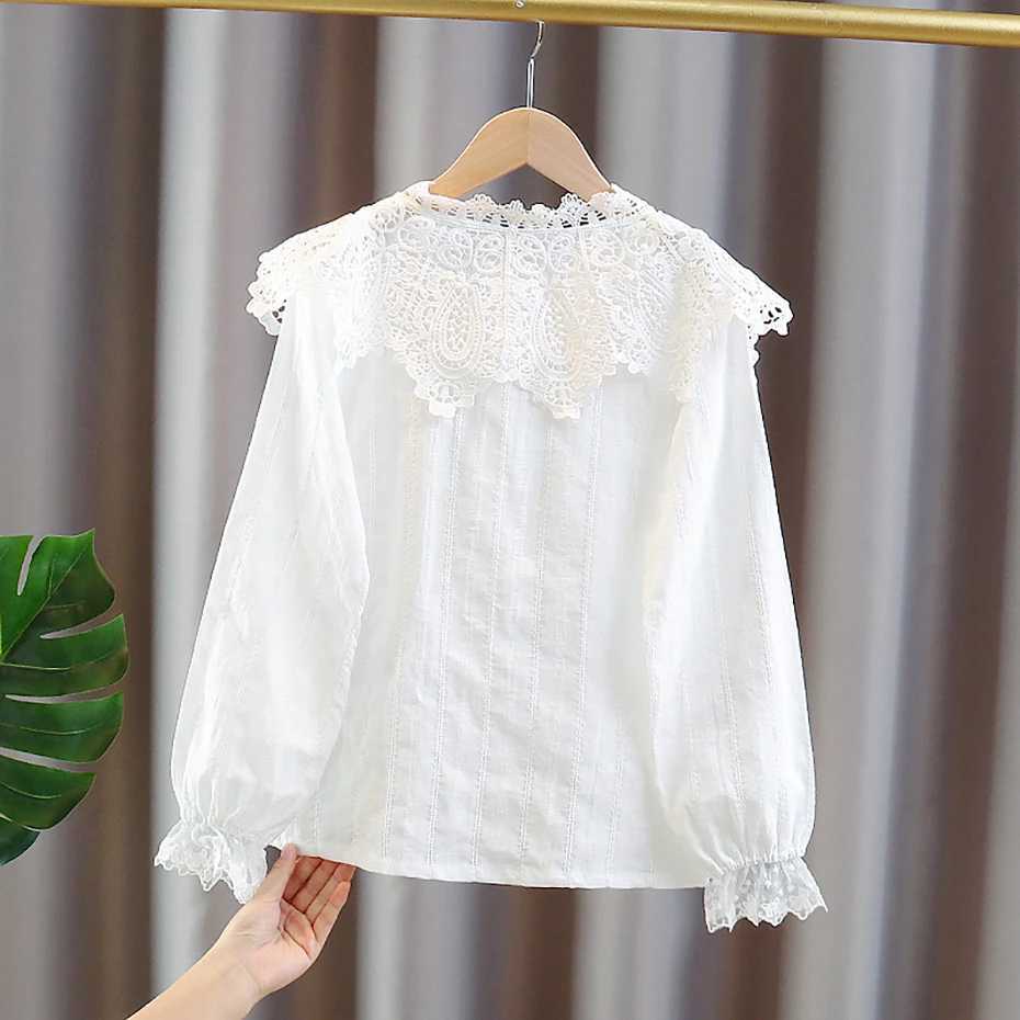 Girls White Blouse Lace Floral Blouse For Girl Long Sleeve Children Blouse Casual Style Teenage Clothes For Girls 6 8 10 12 14 Y240906