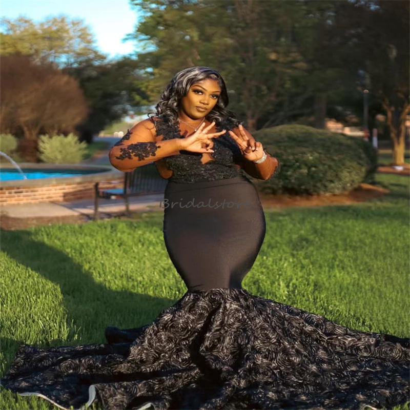 Big Size Black Prom Dresses For Black Girls O Neck Long Sleeve 3d Florals African Evening Dress Nigerian Formal Birthday Party Dress Fishtail Mermaid 