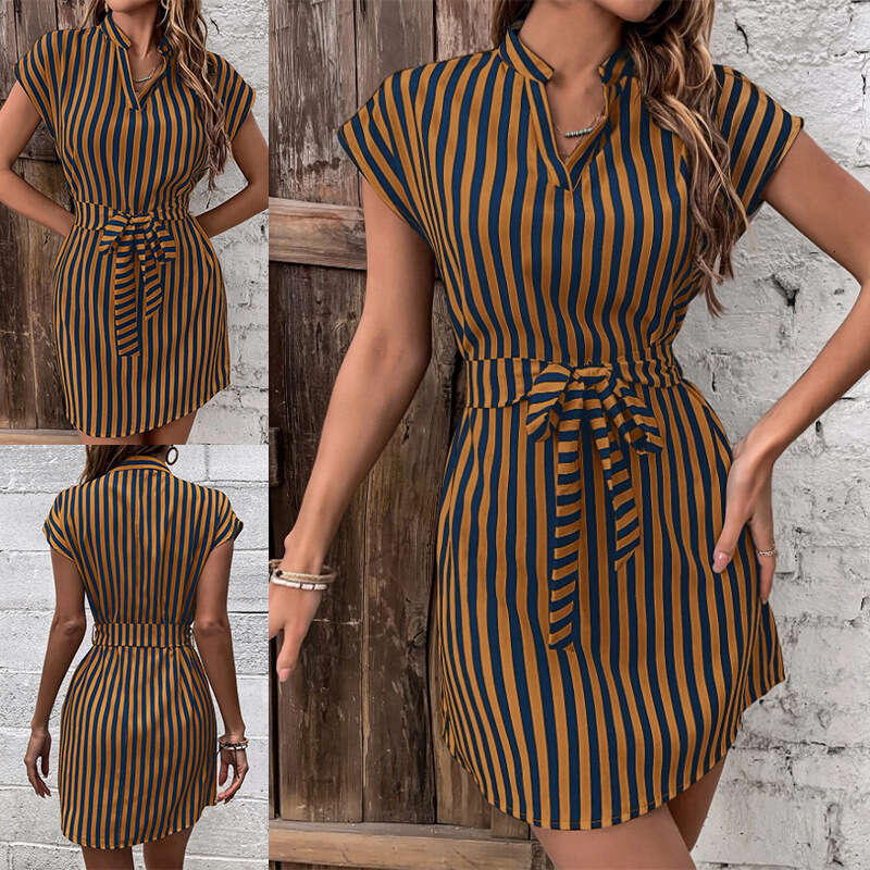 2024 Spring/Summer New OZON Women's Sleeveless Stripe Lace up Dress