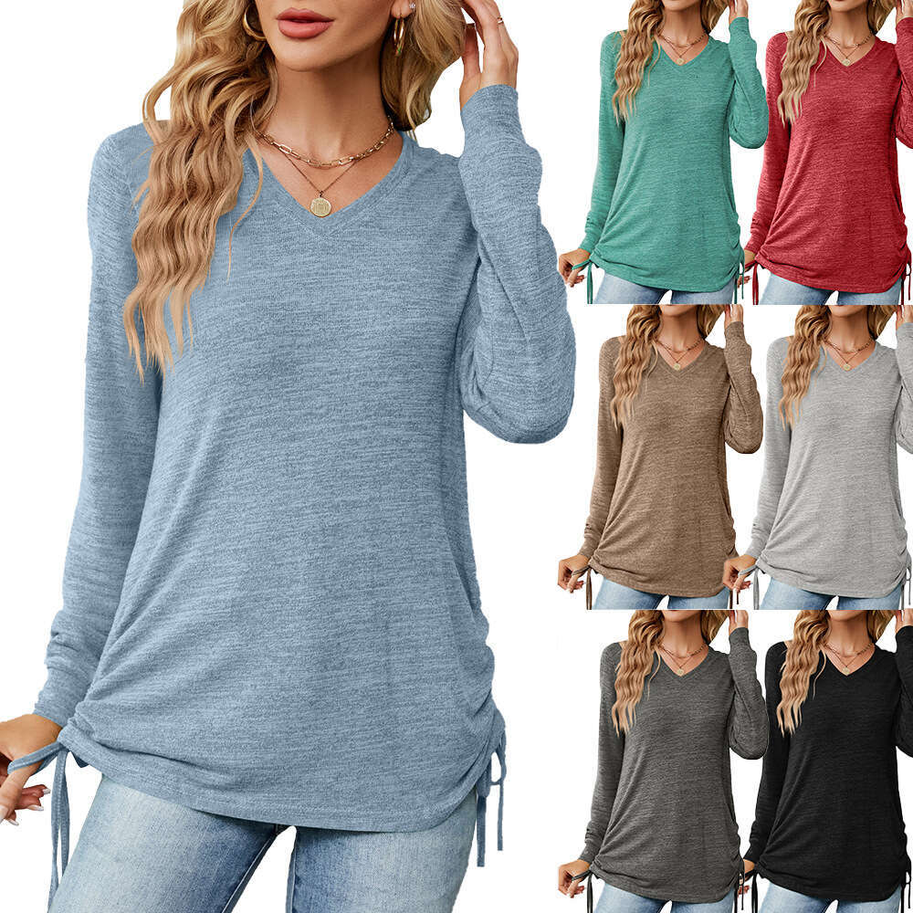 2024 Autumn/Winter New Womens V-neck Pleated Solid Long Sleeve Loose T-shirt Top
