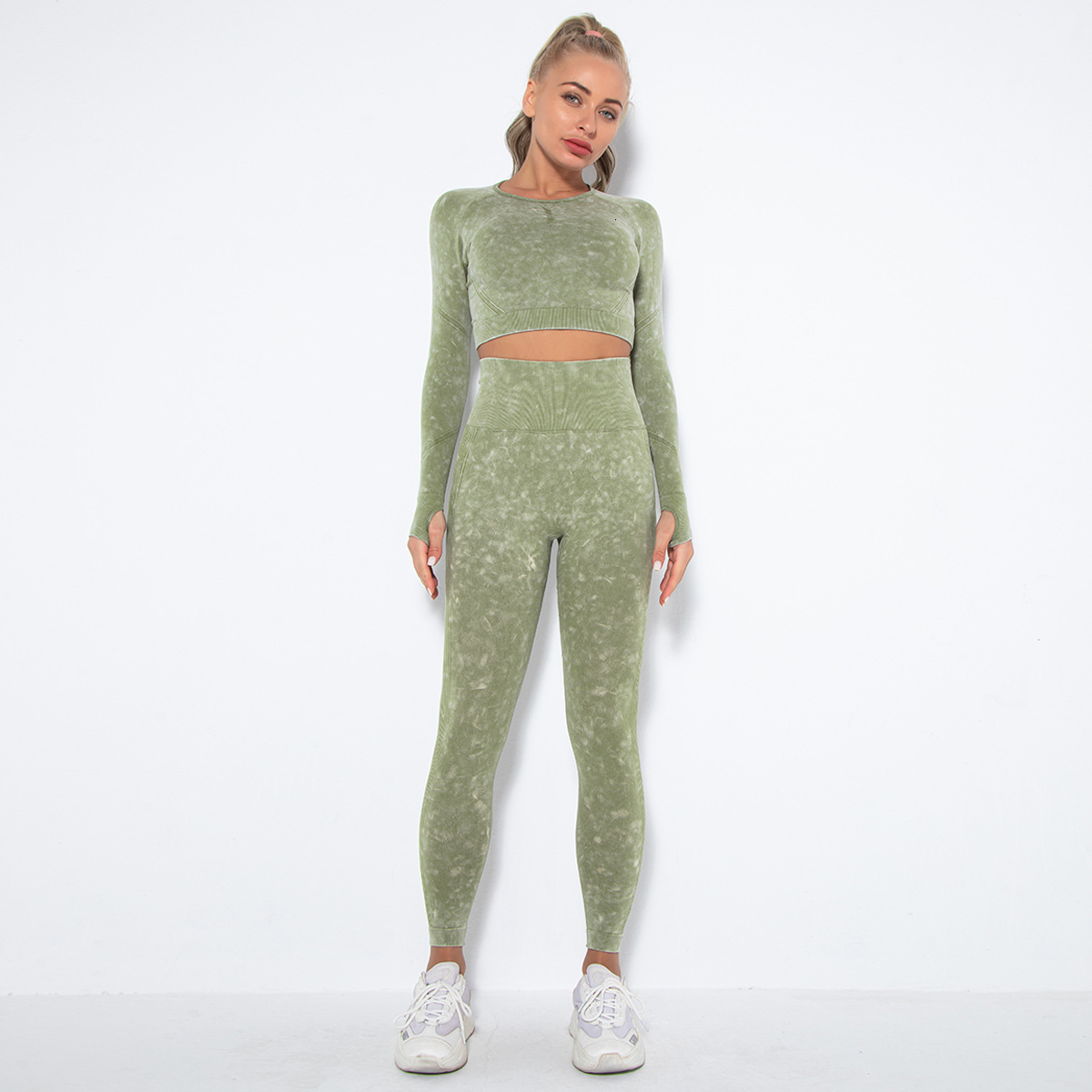New seamless water washed smiling face set, sports and fitness long sleeved top, hip lifting yoga pants two-piece set