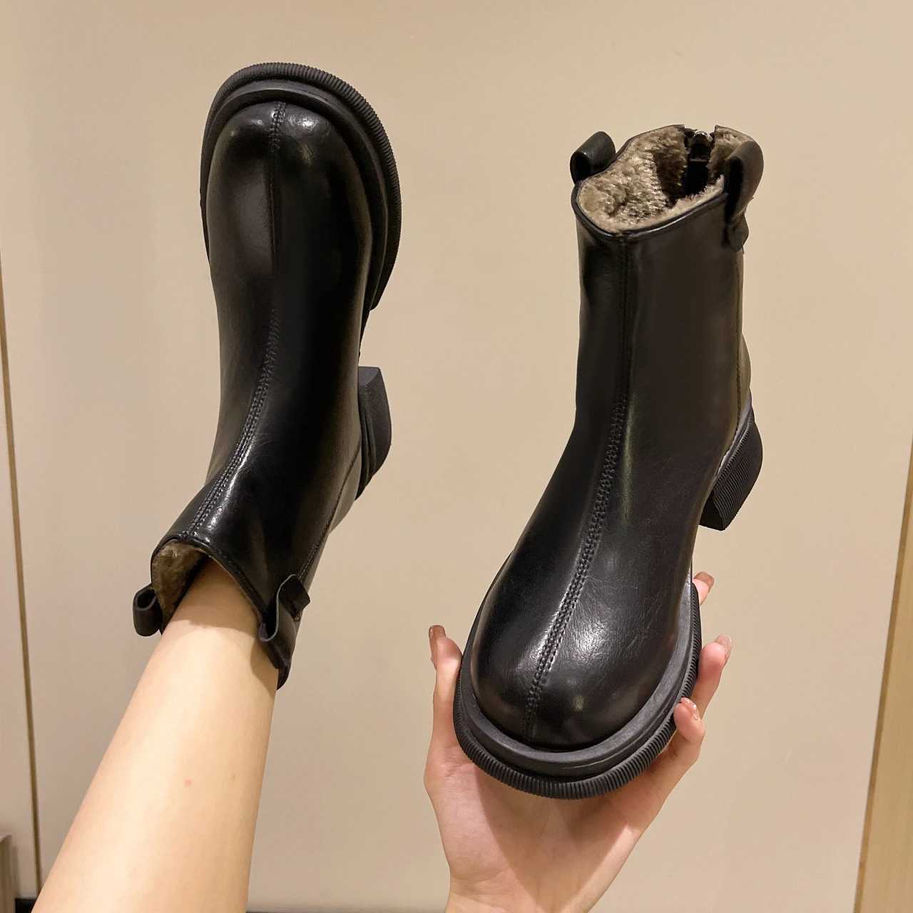New Womens Ankle Boots Fashion Womens Square Heel Low Heel Shoes Womens Boots Leather Womens Low Heel Keep Warm Ankle Boots Q109 CL240906