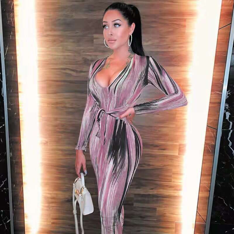 French skirt 2023 spring new style female sexy temperament personalized printed long sleeved V-neck dress women's clothing