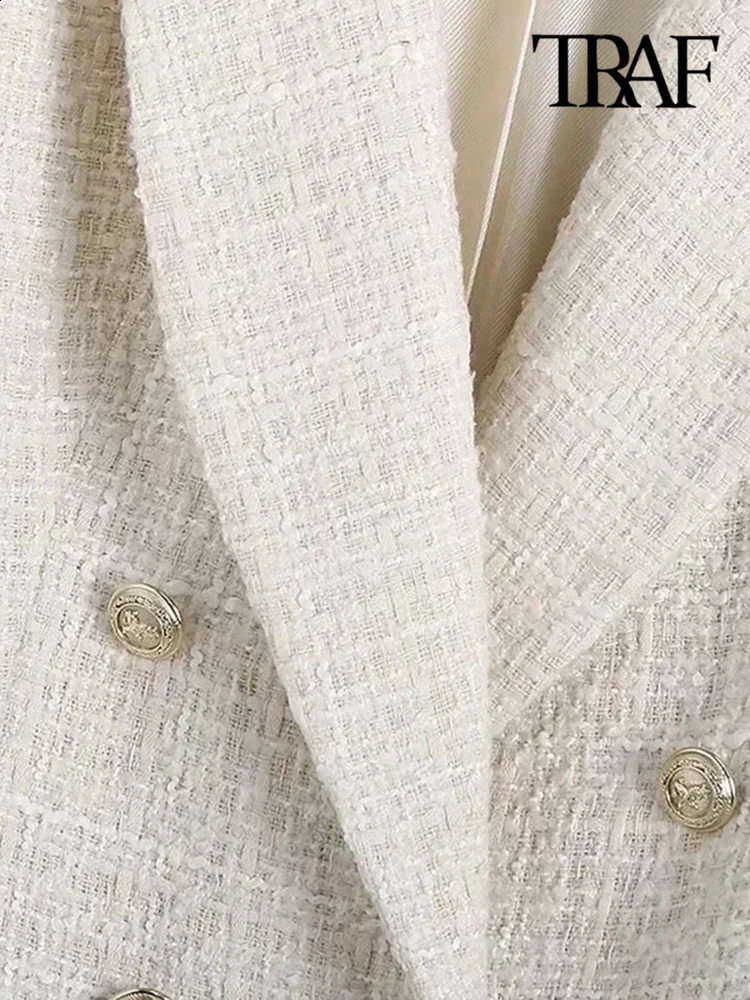 TRAF Women Fashion Tweed Double Breasted Blazer Coat Vintage Long Sleeve Flap Pockets Female Outerwear Chic Veste Femme 240904