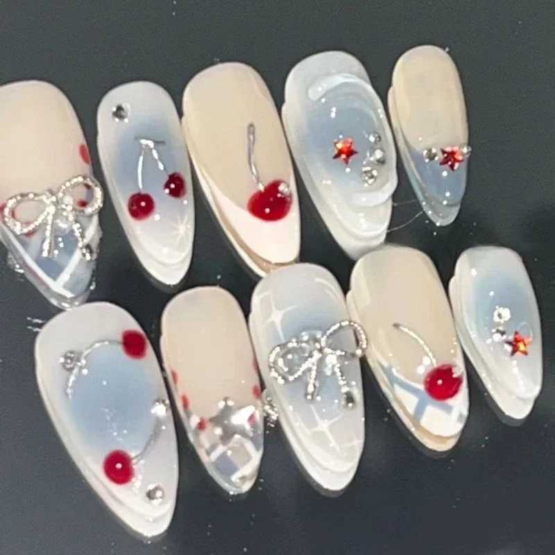 10 pieces of white butterfly handmade almond pressed nail ballet rhinestone fully covered French fake nails handmade wearable nail tips W240905