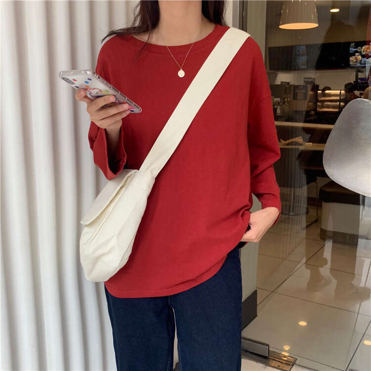Womens autumn winter Korean version new solid color round neck long sleeved T-shirt womens loose and versatile base shirt top