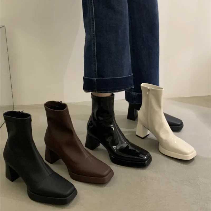 Designer Thick High Heels Womens Thin Ankle Boots Fashion Patent Leather Shoes Autumn Womens Elegant Short Boots CL240906