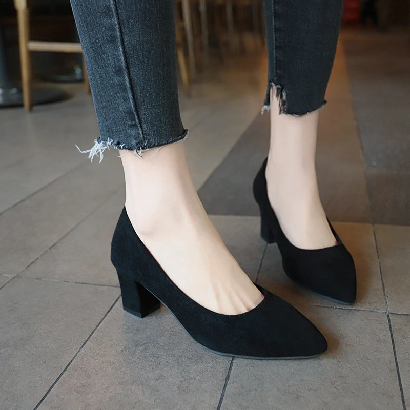Plus Size 35-43 Women Dress Shoes Square Heeled Pumps Faux Suede Ladies Shoes Pointed Toe Boat Shoes Woman Medium Heeled N6973 240904