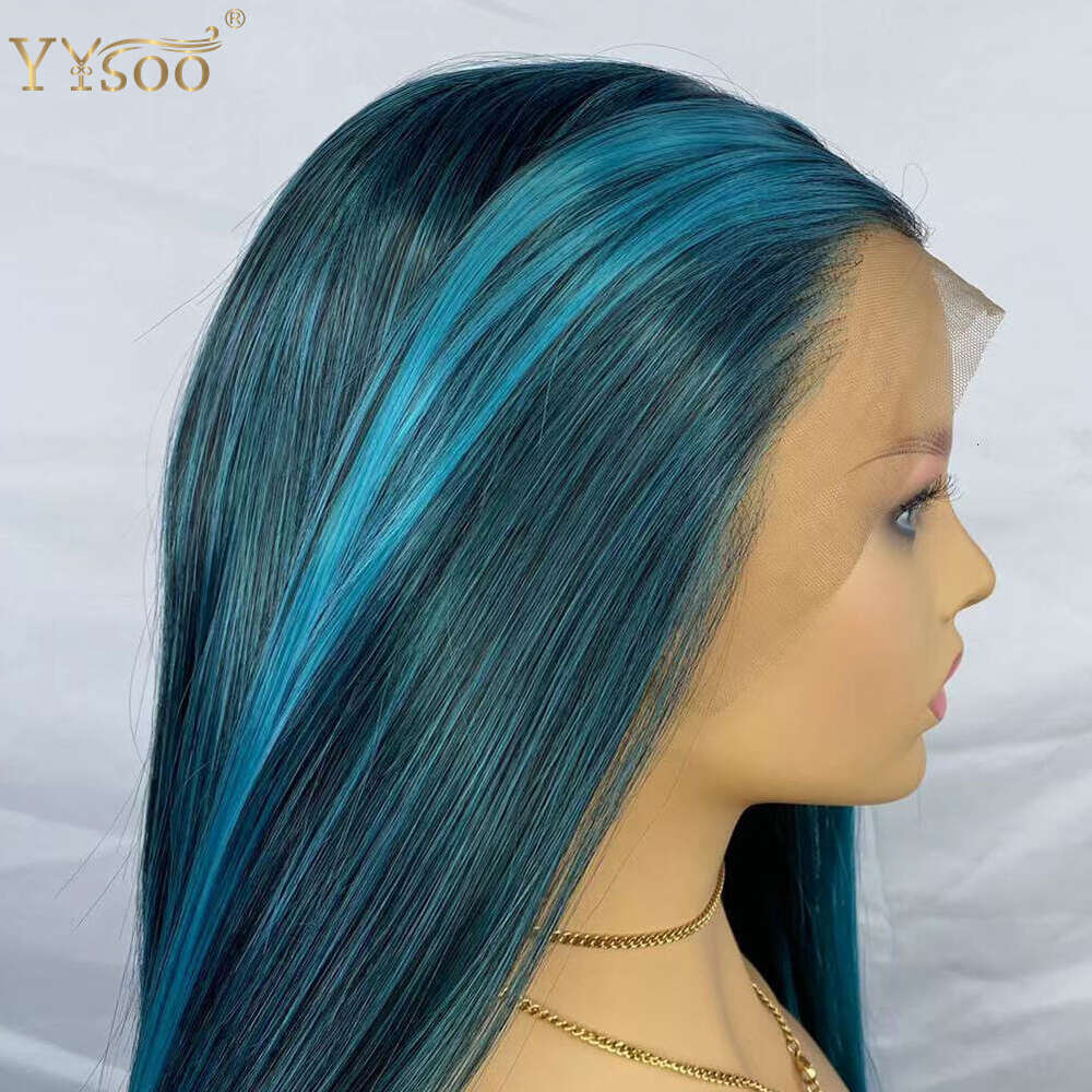 Yysoo Long Blue Mixed Color Futura Synthetic 13X4 Lace Front Wig Pre Plucked Highlights Glueless Silky Straight Wigs For Women