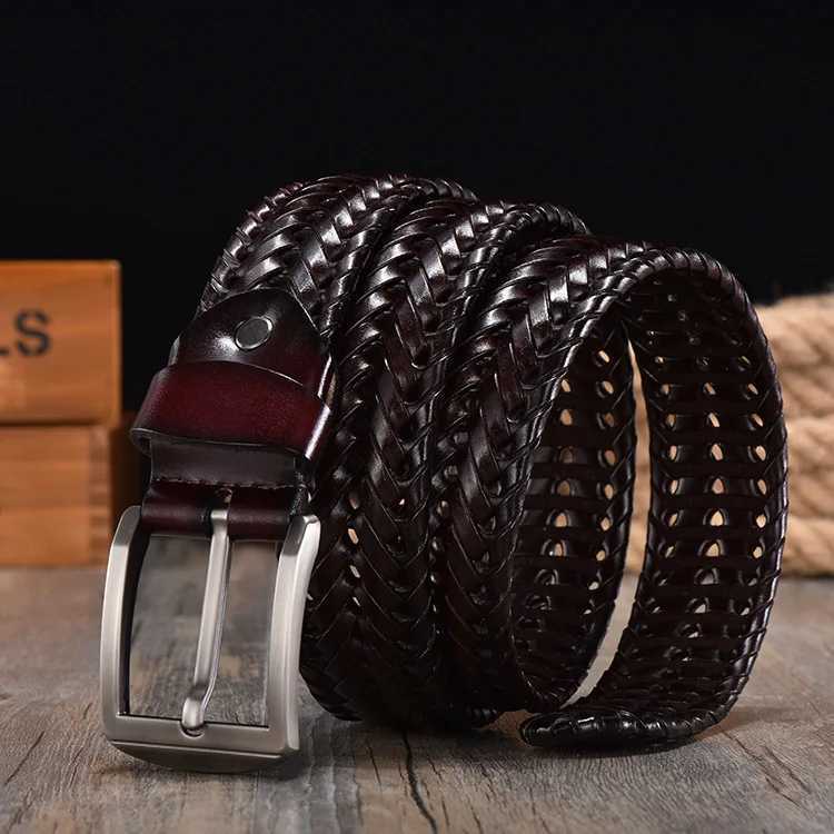 Newly woven mens woven belt luxury leather cow belt hand woven design mens jeans womens belt W240905