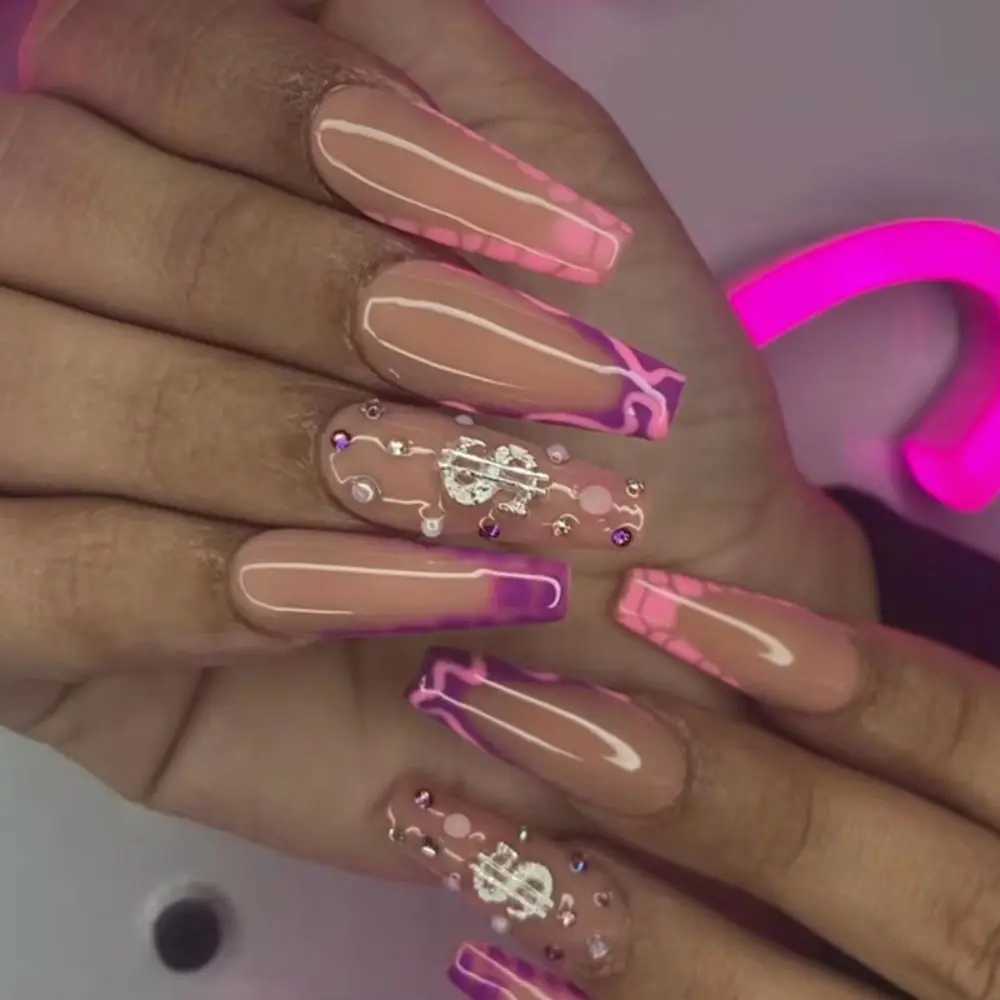 Long ballet dancer fake nails purple butterfly nails pointed fake nails womens fashion French detachable full cover pressed nails W240905