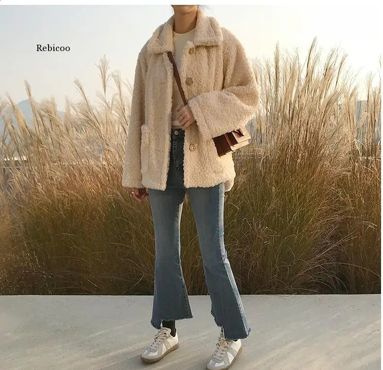 Artificial fur thick coat womens autumn warm soft and loose jacket button plush casual winter 240905