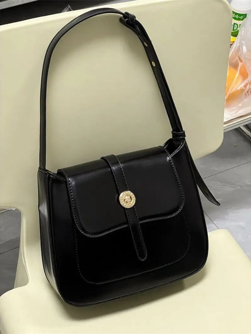 PU Black Shoulder Bag Zipper Buckle Adjustable Strap Womens Underwear Business Commuting Elegant Handbag 240906