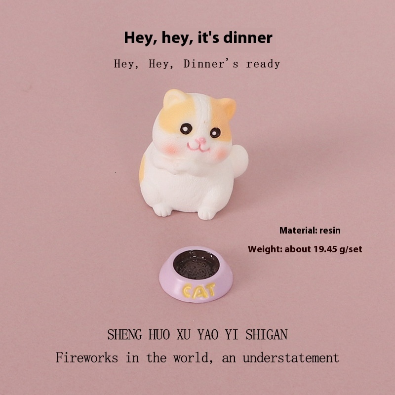 Cartoon mini kitten, cat food, bath basin, miniature scene, resin creative crafts, office desktop ornaments
