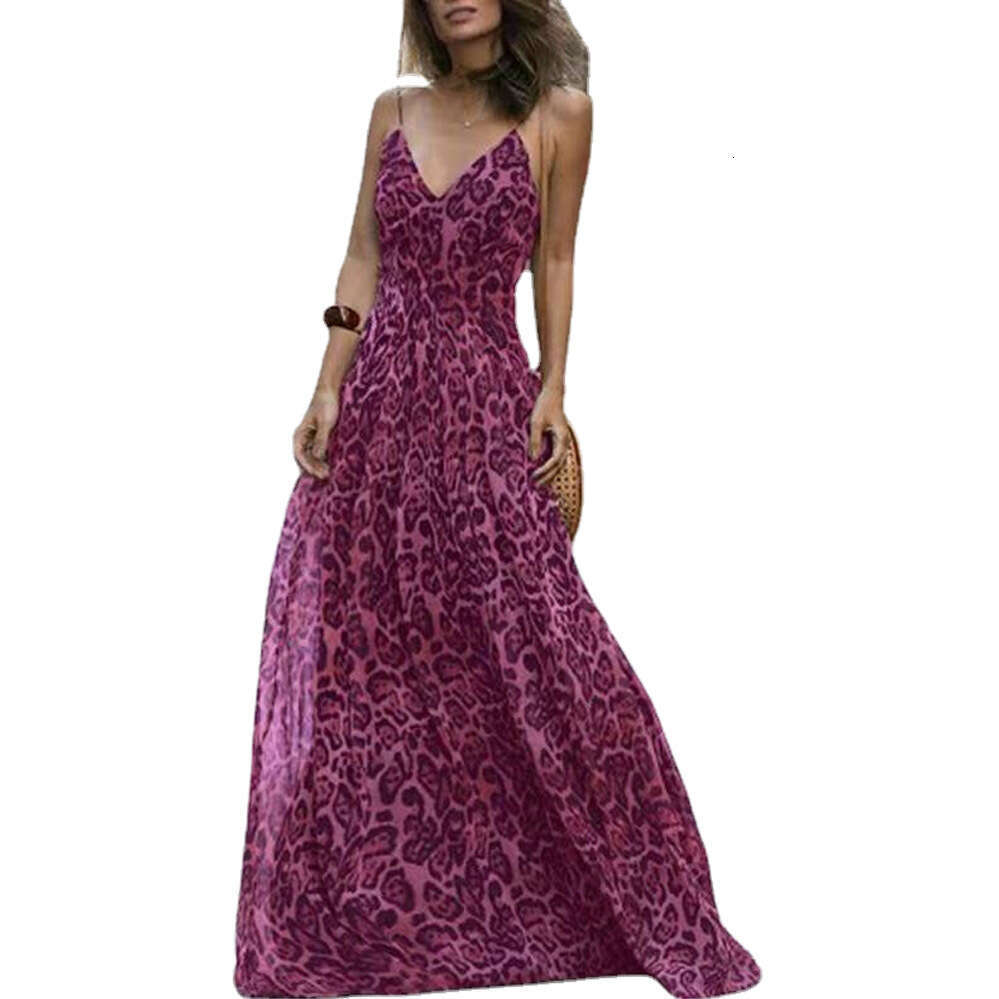 2023 Fashion Summer New Leopard Print V-Neck Sexy Strap Off Back Dress