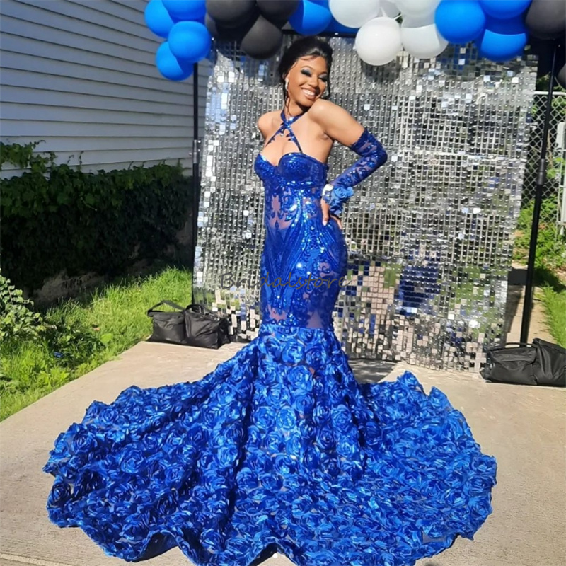 Shine Royal Blue Prom Dresses 2025 Halter Sequin Trumpet Mermaid Evening Gowns For Black Women 3D Florals Birthday Party Dress Robe De Soiree elegante