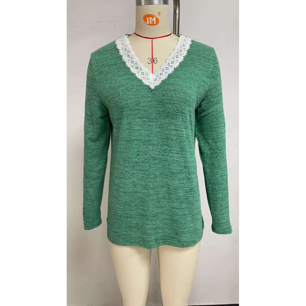 2024 Autumn/Winter New Solid V-Neck Loose Relaxed Long Sleeve T-shirt Top Womens Wear