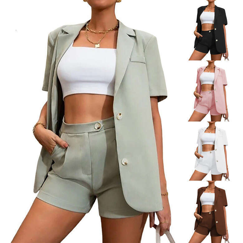2024 Summer New Fashion Style Solid Color Suit High Waist Shorts Two Piece Set Women's Wear