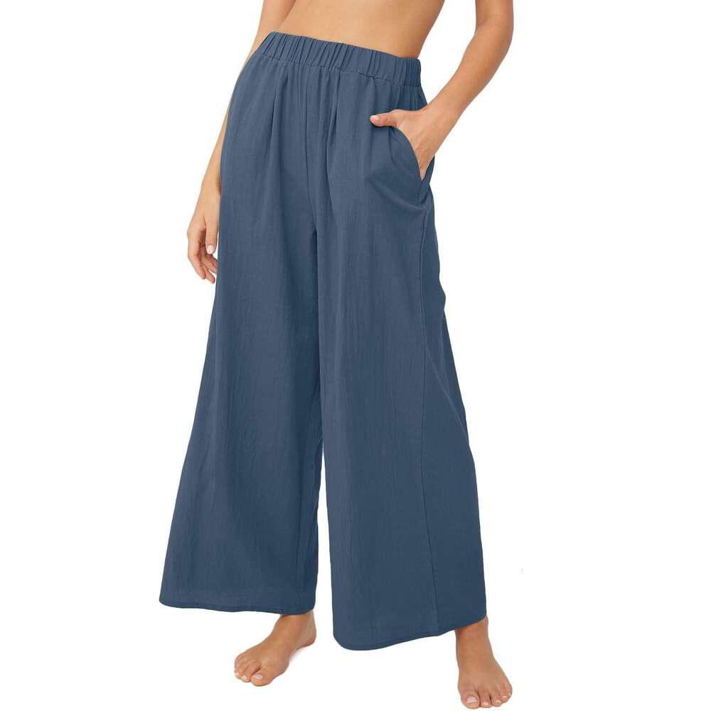 2024 Spring/Summer New Cotton and Hemp Women's Solid Color High Waist Loose Relaxed Wide Leg Pants