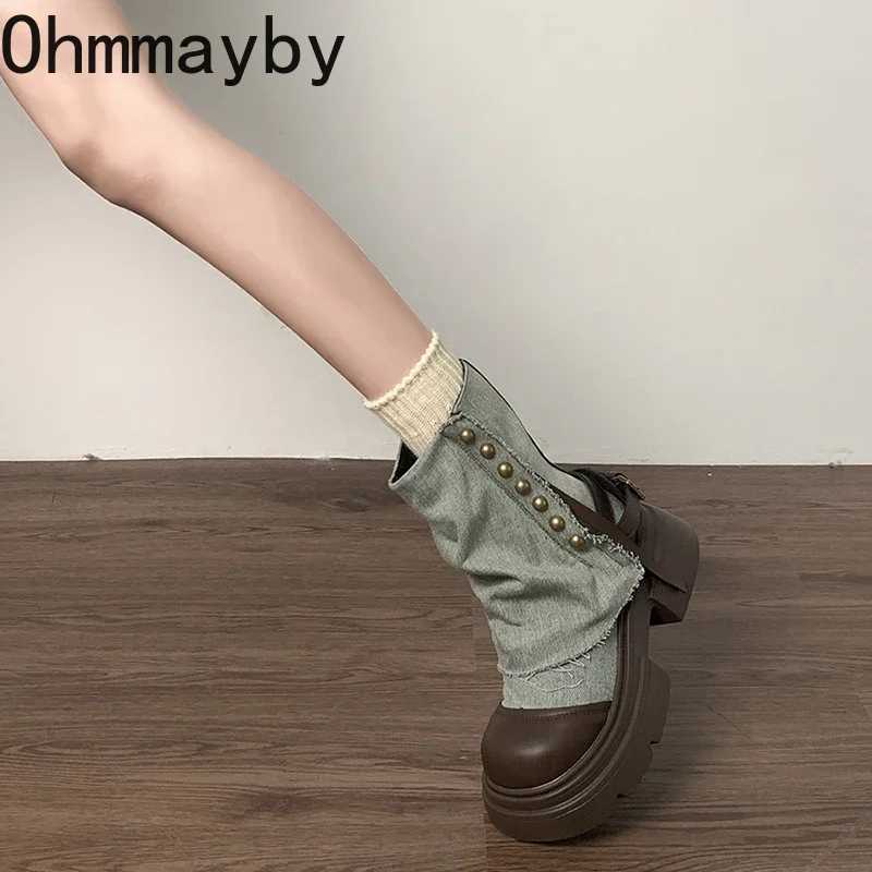 Designer Womens Short and Fat Denim Short Boots Fashion Platform High Heels Boots Womens Comfortable Shoes CL240906