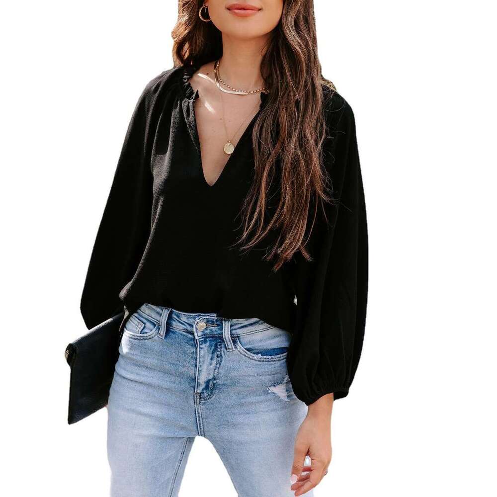 2024 Spring and Autumn New Women's Cool Long Sleeve Shirt Solid Color Comfortable Casual V-neck Loose Top