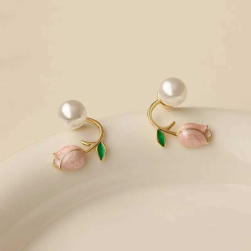 Fashion Trends Pink Tulip Flower Pearl Stud Earrings Fashion Elegant Temperature Women Earrings Girls Party Sweet Jewelry Gifts W241023