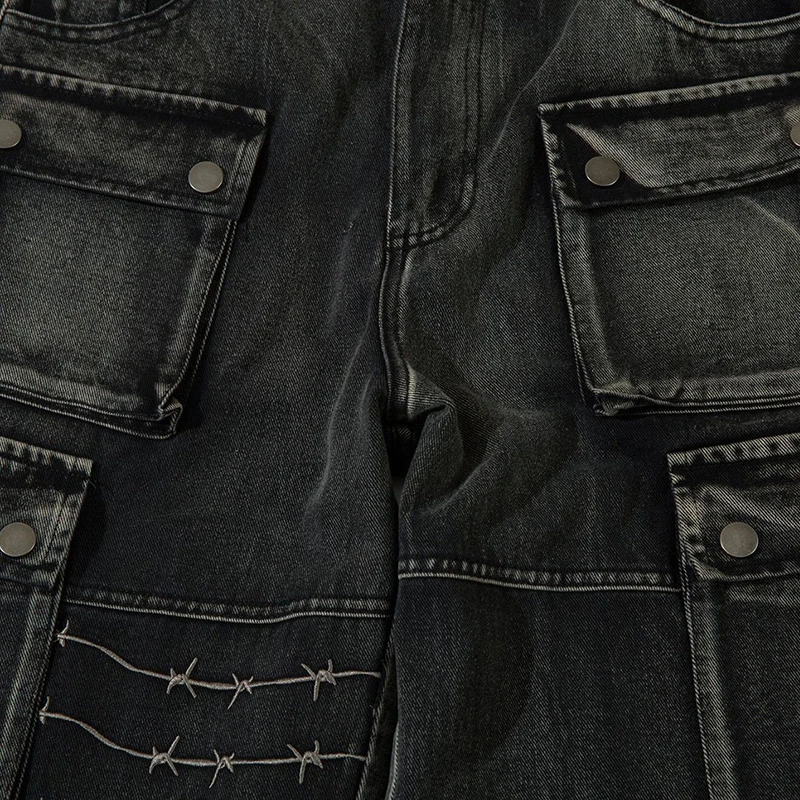 PFNW American Style Embroidery Jeans Mens High Street Cargo Pants Loose Wide Leg Denim Trousers Autumn Chic Trendy 28W4043 240903