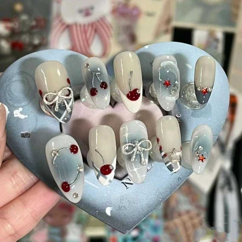 10 pieces of white butterfly handmade almond pressed nail ballet rhinestone fully covered French fake nails handmade wearable nail tips W240905