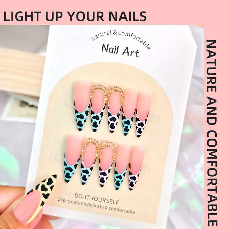 Almond Shaped Handmade Wear Colored Matte Leopard print Pearl Hot Girl French Holiday Nail Tool Free Kit W240905