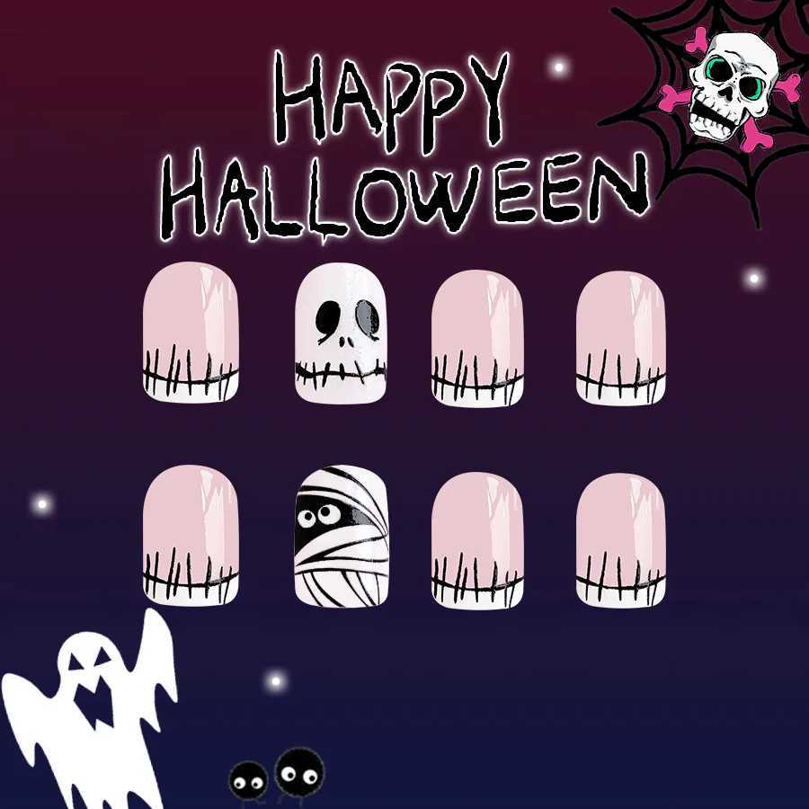 24 Halloween Ghosts Pressing Fake Nails Creative French Design Short Square Fake Nails Acrylic Halloween Decorative Nails W240905