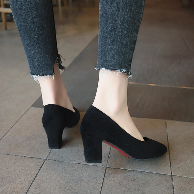 Plus Size 35-43 Women Dress Shoes Square Heeled Pumps Faux Suede Ladies Shoes Pointed Toe Boat Shoes Woman Medium Heeled N6973 240904