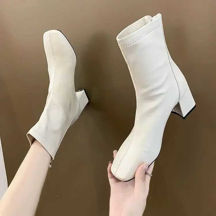 New winter square toe womens zipper ankle boots elegant thick high-heeled short boots for women Botas De Mujer 2024 CL240906