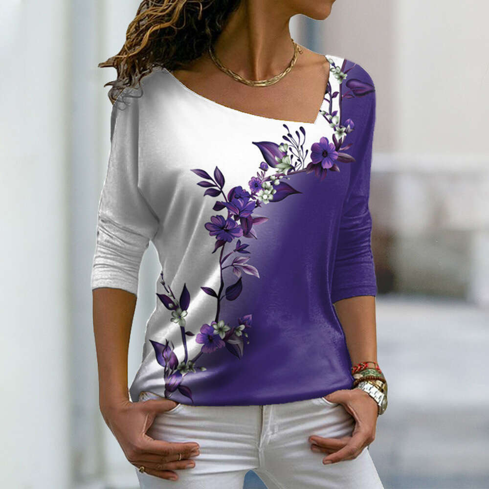 New womens V-neck flower T-shirt spring long sleeved top OZ070 Vogue Female Casual Shirt: Stylish Flowers Adorning a Soft & Flowy Cotton Blend Fabric