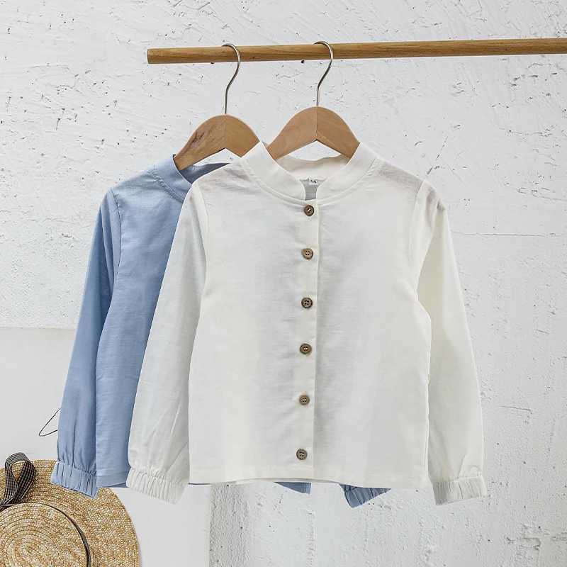 Boys Stand-Up Collar Linen Shirt 2024 Autumn New Childrens Single-Breasted Casual Daily British Style Long-Sleeved Shirts Y240906