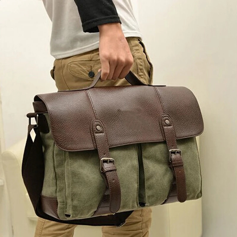 British retro mens messenger bag travel canvas strap leather briefcase Bolsos shoulder 240906