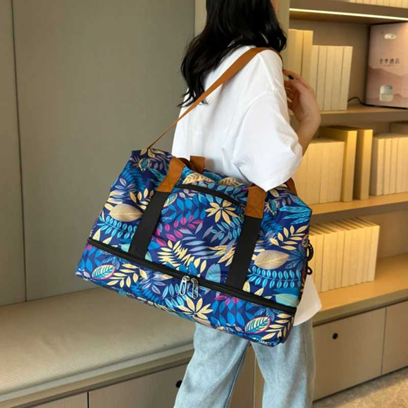 Womens printed fitness travel bag with dry wet separation expandable waterproof sports swimming yoga large capacity handbag W240906