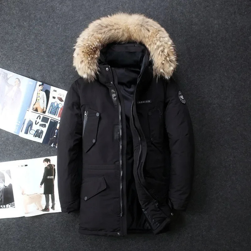 Mens Winter Hooded Fur Collar Long Puff Jacket Duck Down Coat High Quality Mens Outdoor Windproof and Warm Leisure Winter Park 240930