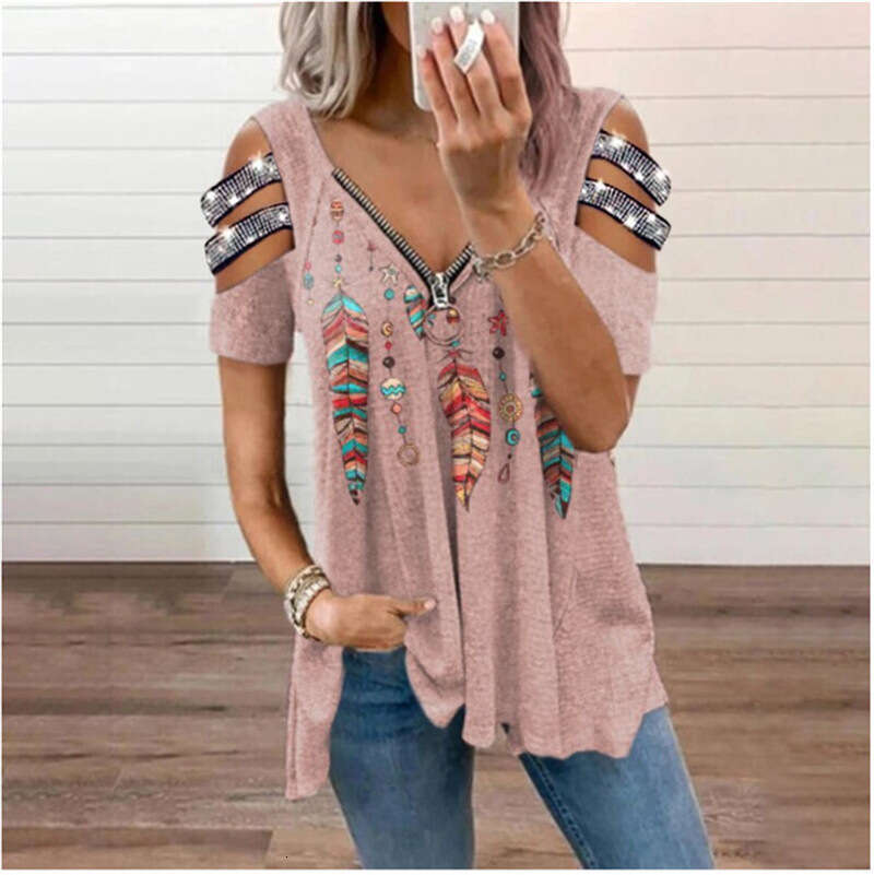 2024 V-neck Zipper Pullover Positioned Printed Short Sleeve Loose T-shirt Women's Top