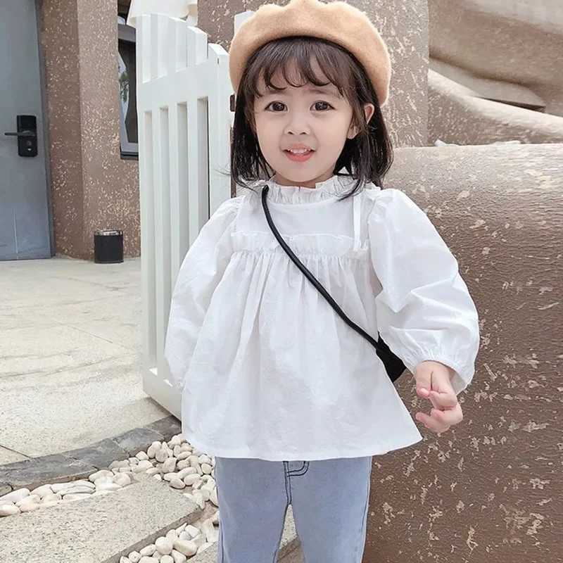 Spring Autumn Girls Children Lapel Blouse With Flared Sleeves Shirt Long-Sleeved Cotton Lace Child Girl Tops Blouse Kids Clothes Y240906