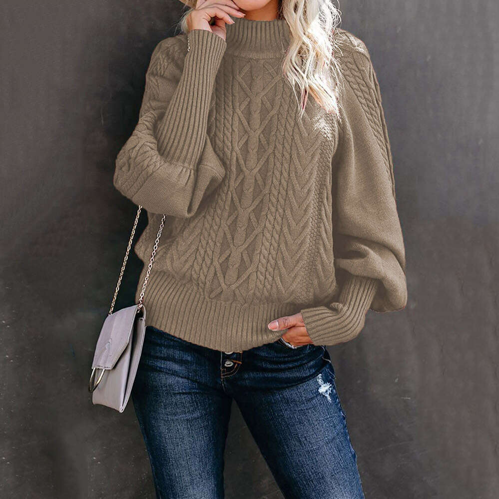 2024 Winter New Mid neck Women's Loose Long Sleeve Knitted Solid Color Sweater