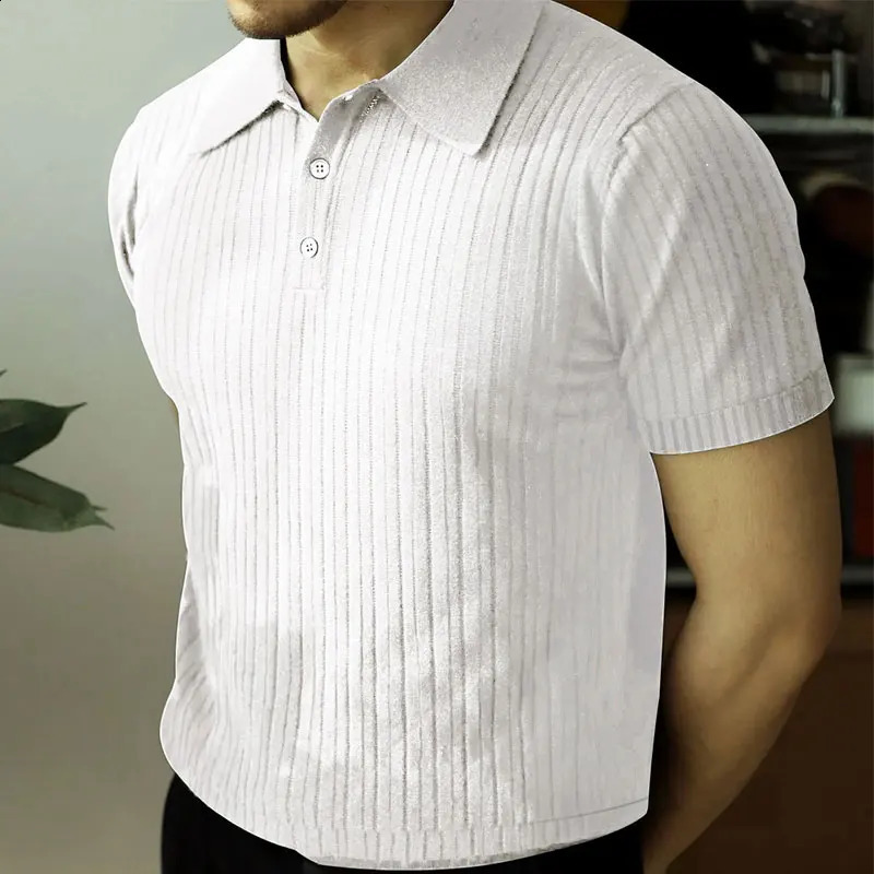 2024 Summer Knit Mens Polo Shirt Business Casual Striped Lapel Short Sleeve Henry Shirt T-shirt Comfortable Mens Clothing 240906