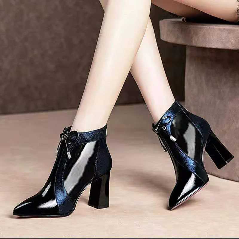 Womens high-heeled ankle boots autumn and winter shoes womens boots angular toes mixed color short Botas blue wine red down jacket CL240906