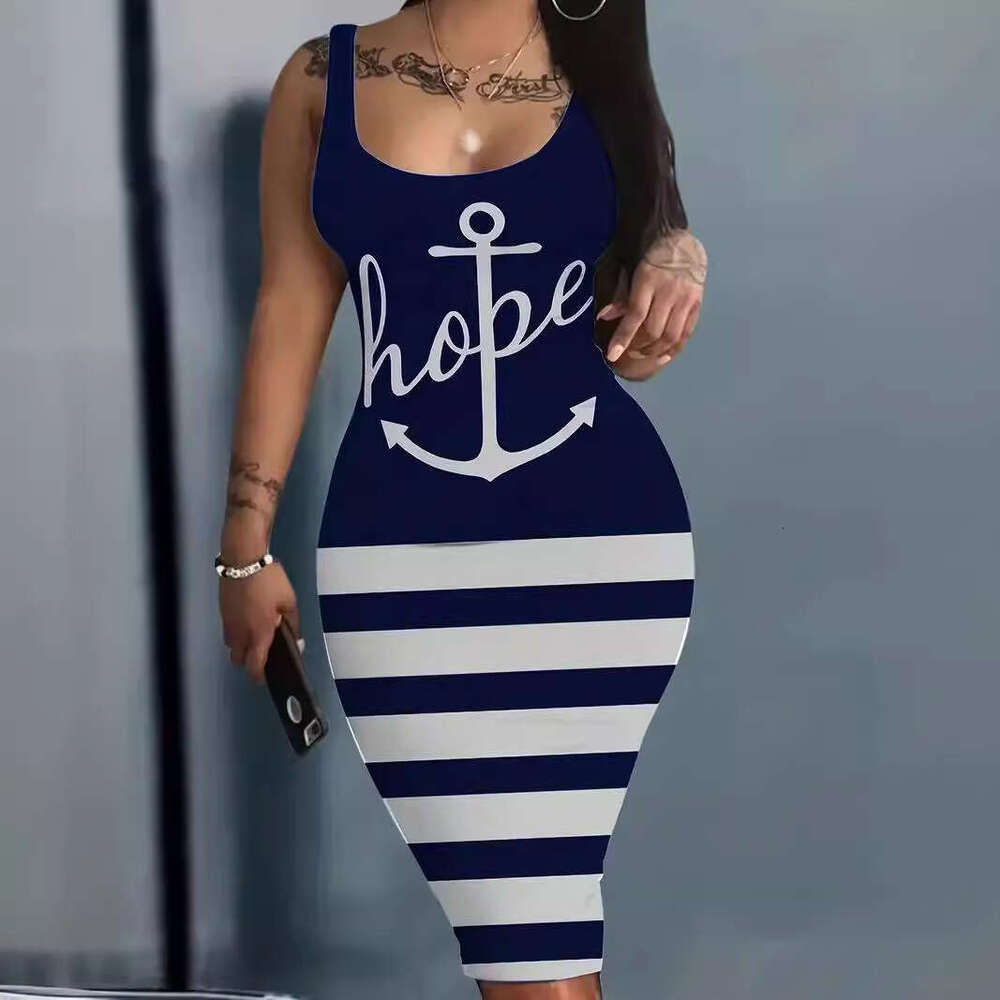 2024 summer positioning letter printed women's sexy round neck sleeveless vest dress for women