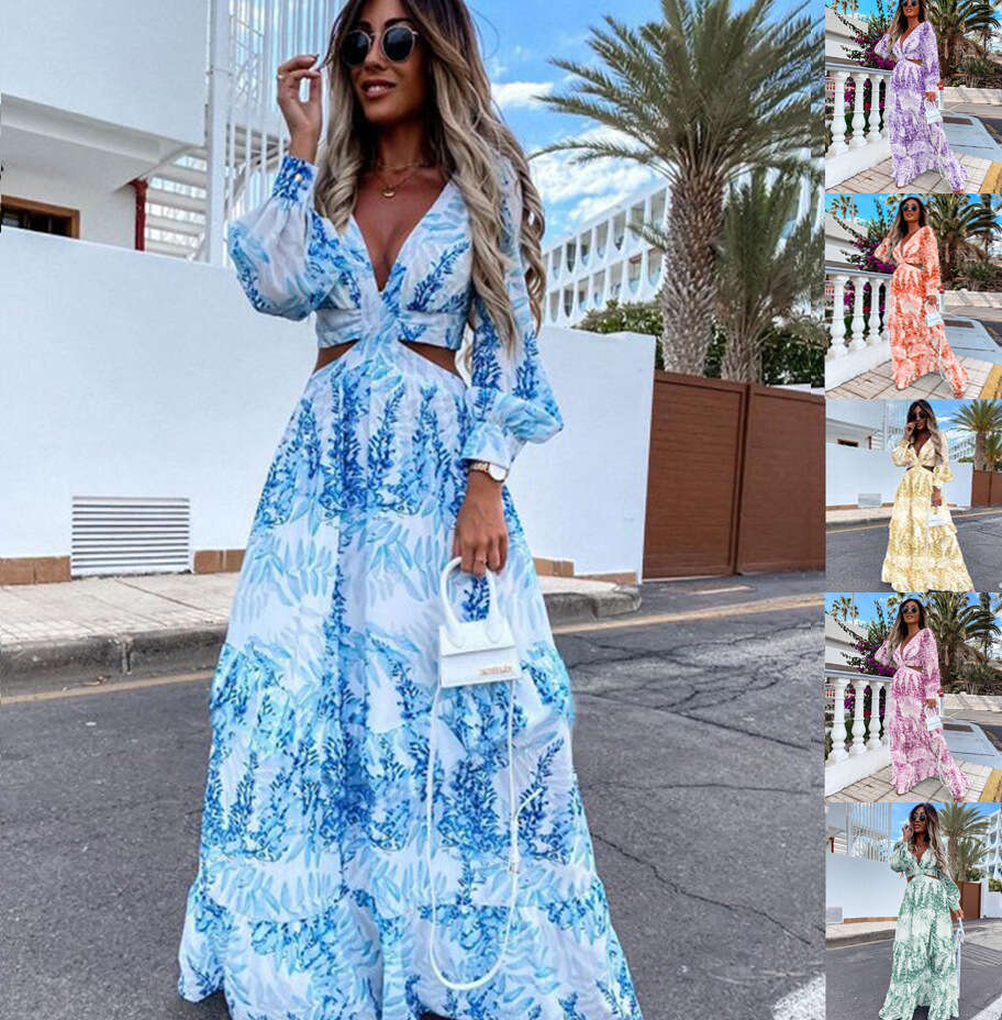 2023 Fashion Women's Spring New Printed V-neck Long sleeved Dress with Temperament