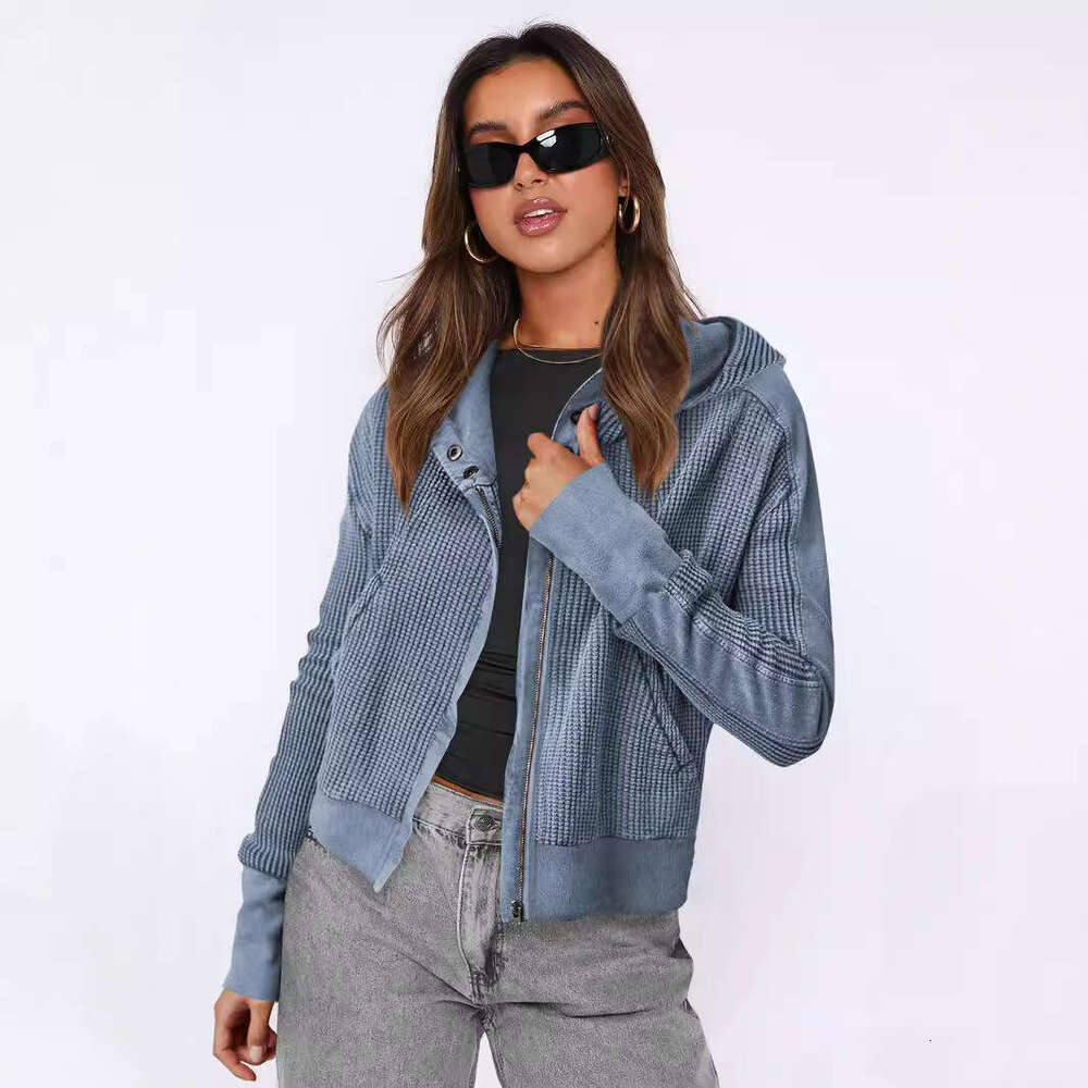 Jacket patchwork Women's hooded sweater Lazy style zippered hoodie Short knit