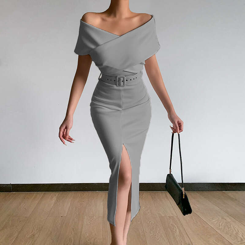 2023 Spring Summer Elegant Temperament Commuting Simple and Light Mature New Style Off Shoulder Belt Split Skirt