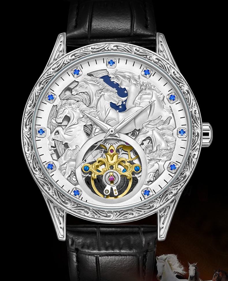 Sophisticated Men's Automatic Tourbillon Watch in Polished Steel with High-Quality Leather Strap